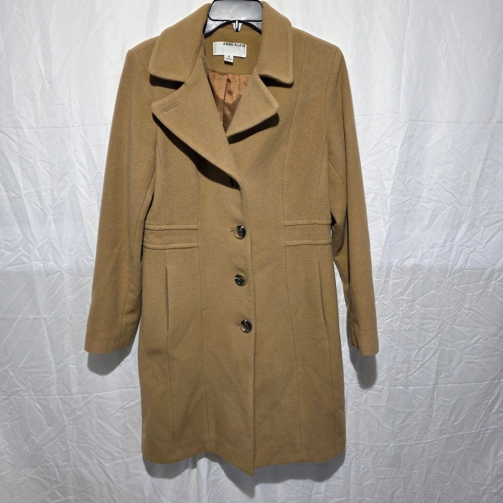 Anne Klein Womens Camel Tan Wool Blend Single Breasted Peacoat Overcoat Size 8